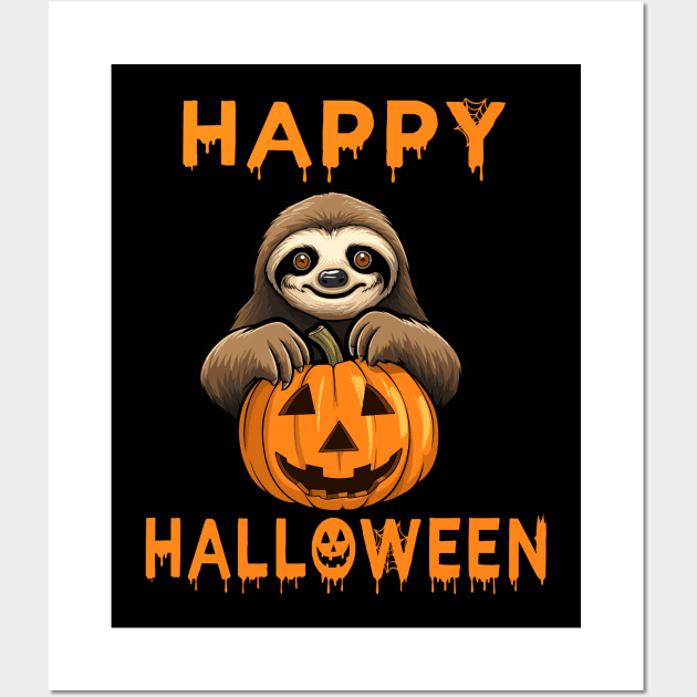 Funny Cute Sloth Holding Pumpkin Lazy Easy Halloween Costume Wall Art by RetroZin